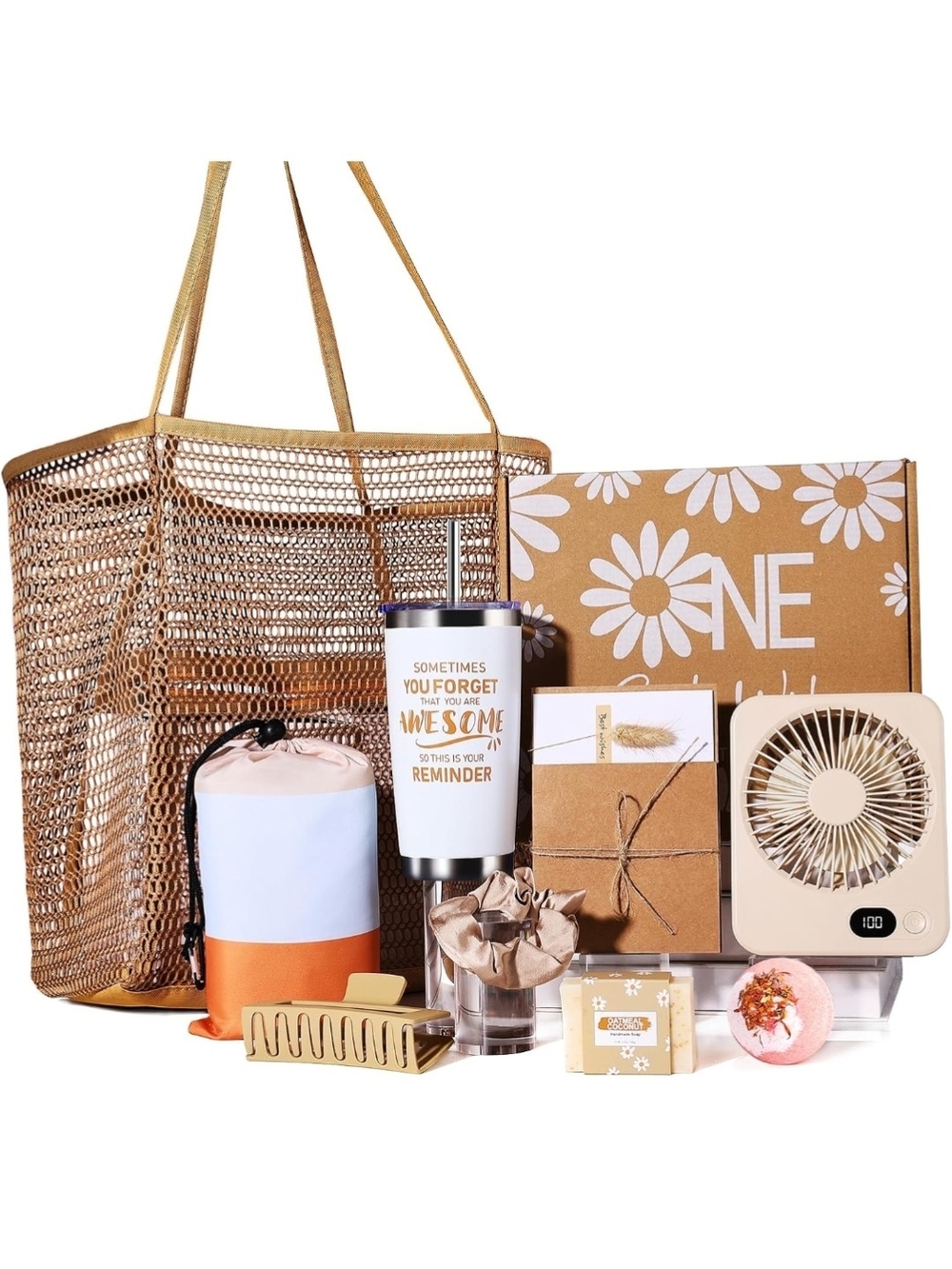 Wellness Gift Set with Gold Mesh Tote – Neutral & Gold Accents